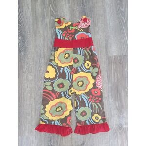 VTG Stellybelly Sz 18M Romper 70's Flowers Retro Jumpsuit Red Bow Ruffles